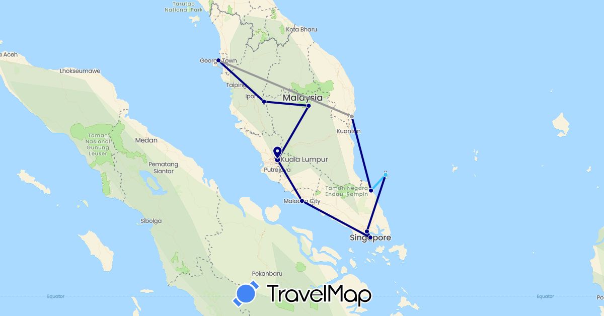 TravelMap itinerary: driving, plane, boat in Malaysia, Singapore (Asia)