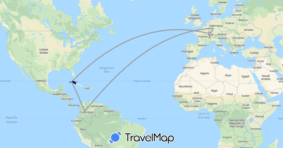 TravelMap itinerary: driving, bus, plane in Switzerland, Colombia, Cuba, Germany (Europe, North America, South America)